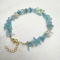 Natural aquamarine and white flower beaded bracelet with adjustable gold chain - Aquamarine