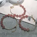 Pink strawberry quartz bracelet with gold chain and 14K gold plated accents for women - Pink Strawberry Quartz Color Retention Bracelet