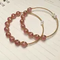 Handmade 14K gold wire wrapped strawberry quartz bracelet set with white pearls - Pink Strawberry Quartz Wire Wrapped Style