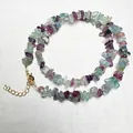 Green fluorite and colorful crystal gravel necklace with gold clasp on white background - Green Fluorite Necklace