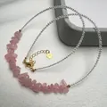 Beaded necklace with strawberry quartz crystals and S925 sterling silver heart charm - Rose Quartz