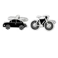 Boutons de manchette pour hommes en forme de voiture et vélo avec émail noir et argent - Ensemble Voiture et Vélo (B1636)