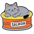 Detailed view of enamel cat pin featuring a grey tabby in a salmon can with orange glaze - Gray Cat Salmon Can (C3468-2)