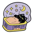 Detailed view of the creative purple canned meat enamel pin featuring a sleeping black cat - Sleeping Black Cat Meat Can (C3468-3)