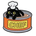 Macro view of a black cartoon cat wearing a white chef hat inside an orange tin can badge - Chef Hat Black Cat Can (C3468-4)