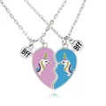 BFF heart pendant necklaces with unicorn graphics and Best Friends Forever metal tags - Unicorn Heart Stitching Style (A2600)