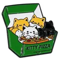 Cute cartoon cat enamel pin in a green Kitty Pizza box design with kittens - Green Kitty Pizza Style (C3467-3)
