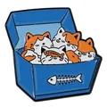 Cute cartoon cat box enamel pin featuring orange cats in a blue treasure chest - Blue Fishbone Cat Box Style (C3467-4)