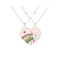 Silver BFF necklace set with split heart pendant featuring rainbow and daisy details - Rainbow Daisy Heart Style (A3355)