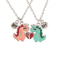 BFF friendship necklaces set with split heart and colorful cartoon dinosaurs - Silver