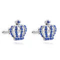 Elegant silver crown cufflinks with sparkling blue rhinestones in a luxury jewelry set - Blue