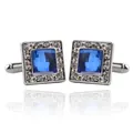 Macro detail of square silver cufflinks featuring blue zircon and pavé crystal trim - Square Blue Zirconia Style (B1159) / Natural