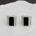 Eleganti gemelli quadrati da uomo in argento con smalto nero e file di cristalli lucenti - Stile Strass Nero Argento Quadrato (B1092)