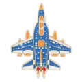 Détail du pin's émaillé en forme d'avion de chasse, couleurs bleu, blanc, orange et or - Chasseur Flamme Bleu Orange (C3418-5)