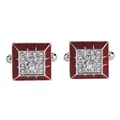 Mens square silver cufflinks with red enamel trim and sparkling crystal centers - Red Square Stepped Rhinestone Style (B1085) / Natural