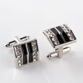 Boutons de manchette carrés argentés avec émail noir et cristaux pour chemise d'hommes - Style à Rayures Carré en Strass / Rayures Argent Noir (B1102)