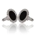 Boutons de manchette argentés pour hommes avec incrustation noire et cristaux brillants - Ovale Argent Noir (B1073)