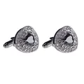 Close-up of heart-shaped cufflinks with black crystal and sparkling white rhinestones - Silver Base Black Zirconia Style (B1121BL)