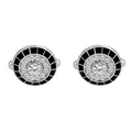 Silver round cufflinks with large center stone and black enamel art deco pattern - Round Silver Black Rhinestone Style (B1123)