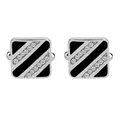 Detailed close-up of silver square cufflinks with black enamel stripes and crystals - Silver & Black Square Striped Style (B1135BL) / Natural