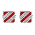 Detail of square silver cufflinks with red enamel stripes and sparkling rhinestones - Silver & Red Square Striped Style (B1135RE) / Natural