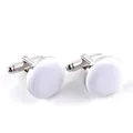 Classic silver and white round men's cufflinks with polished finish and T-bar closure - Round Grid Pattern Style (B1131WH) / White