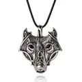 Vintage wolf head pendant necklace with antique silver finish and black woven leather cord - Antique Silver