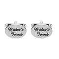 Detail of silver oval cufflinks with black Bride's Friend engraving and T-bar clasp - English Alphabet Series Style (B1225)