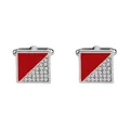 Macro shot of square silver cufflinks featuring red enamel and sparkling crystal pavé - Silver & Red Square Diagonal Rhinestone Style (B1134RE) / Natural