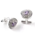 Elegant heart-shaped purple gemstone cufflinks with crystal halo and silver base - Purple Heart Style (B1121) / Purple