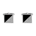 Square silver cufflinks with black enamel and diamond accents for business suits - Silver & Black Square Diagonal Rhinestone Style (B1134BL) / Natural