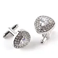 Silver heart-shaped cufflinks with sparkling zircons for French dress shirts - White Heart Style (B1121) / White