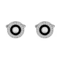 Macro detail of round silver cufflinks with black ring and crystal rhinestones - Silver & Black Round Rhinestone Style (B1192BL) / Natural