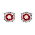 Detail of round silver cufflinks with red enamel, white gemstone and zircon inlay - Silver & Red Round Rhinestone Style (B1192RE) / Natural