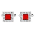 Elegant men's silver cufflinks featuring a square red stone and white crystal accents - Red