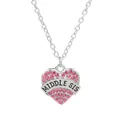 Middle SIS heart necklace with pink rhinestones on a silver chain for best friends - Middle Sister Pink Rhinestone Heart Style (A1823PI)