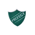 Green and silver enamel shield pin badge featuring PREFECT text with metal backing - Shield Letter (PREFECT) / Green