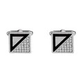 Men's square French cufflinks featuring black enamel and sparkling white rhinestones - Silver & Black Square Diagonal Style (B1191BL) / Natural