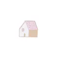 Detailed view of an enamel house brooch with pink roof and gold metal outlines - Colorful Houses