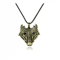 Vintage bronze wolf head pendant necklace with Nordic Celtic knot patterns and black cord - Bronze