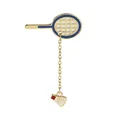 Detailed view of enamel badminton racket brooch with golden chain and shuttlecock charm - Blue Badminton Racket Style (C1278)