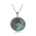 Luminous turquoise moon glass stone pendant with elegant silver finish alloy chain - A2036
