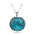 Luminous moon pendant necklace with nebula blue celestial pattern on silver chain - A2037