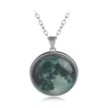 Luminous moon nebula glass pendant necklace with green cosmic patterns and silver chain - A2039