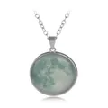 Luminous moon pendant necklace with green galaxy pattern and silver chain - A2042