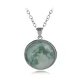 Silver-tone necklace with a glowing turquoise moon nebula glass pendant in round setting - A2046