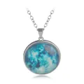 Galaxy glass moon pendant necklace with silver chain in deep blue celestial design - A2049