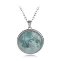 Luminous crescent moon galaxy necklace with silver chain and green celestial pendant - A2050