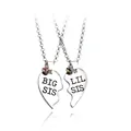 Big Sis Little Sis silver heart pendant necklace set with crystal and mirror reflection - Big And Little Sister Colored Rhinestone Heart Style (A2220)