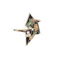 Enamel origami crane brooch with floral patterns and gold metal edges on white background - Floral Paper Crane Style (C1384)
